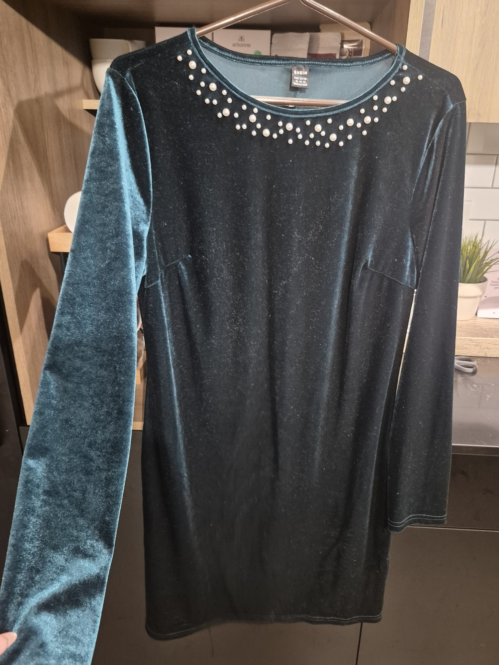 SHEIN Teal Velvet Long Sleeve Dress with Pearl Neckline